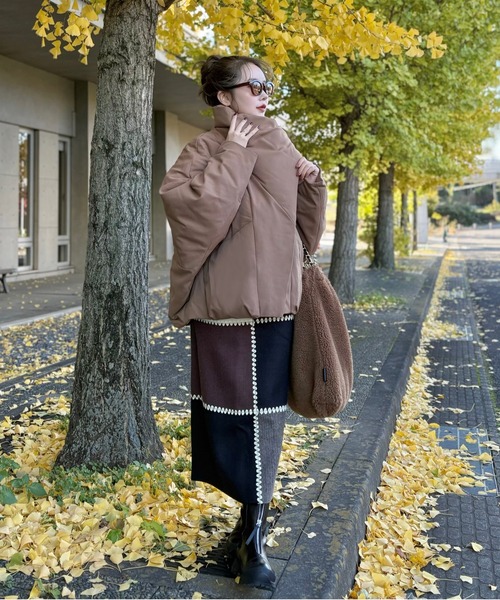 ジャケット・アウター scarf docking drape coat stand collar wrap down coat /スタンドカラーラップショートダウン