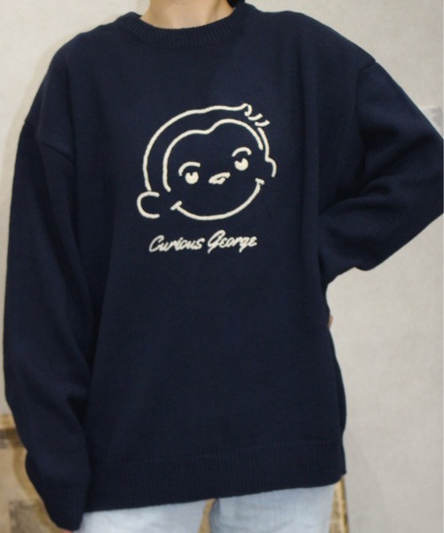 ALWAYS GOOD TIME(オルウェイズグッドタイム)の「【CuriousGeorge/おさるのジョージ】ジャガードクルーネックニット/キャラクターデザインニットプルオーバー(ニット/セーター・レディース・スミクロ/ネイビー/グレイッシュベージュ/アイボリー・MEDIUM/LARGE)」の4枚目の写真