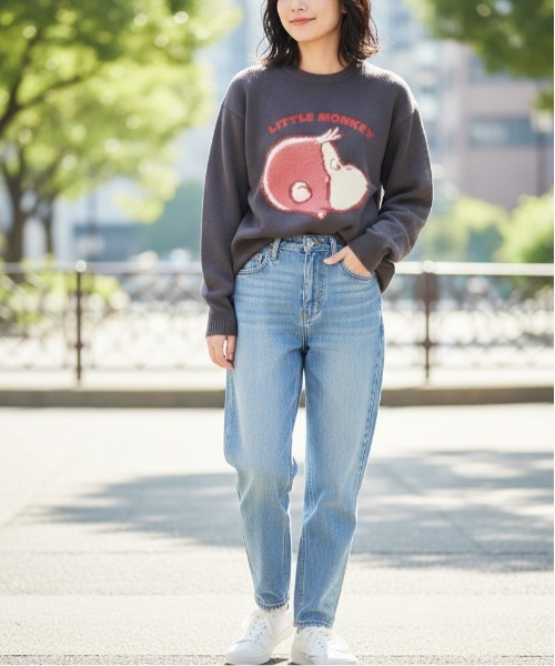 ALWAYS GOOD TIME(オルウェイズグッドタイム)の「【CuriousGeorge/おさるのジョージ】ジャガードクルーネックニット/キャラクターデザインニットプルオーバー(ニット/セーター・レディース・スミクロ/ネイビー/グレイッシュベージュ/アイボリー・MEDIUM/LARGE)」の14枚目の写真