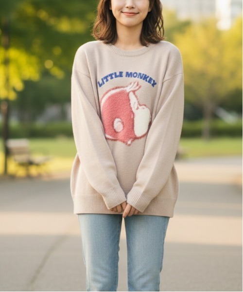 ALWAYS GOOD TIME(オルウェイズグッドタイム)の「【CuriousGeorge/おさるのジョージ】ジャガードクルーネックニット/キャラクターデザインニットプルオーバー(ニット/セーター・レディース・スミクロ/ネイビー/グレイッシュベージュ/アイボリー・MEDIUM/LARGE)」の8枚目の写真