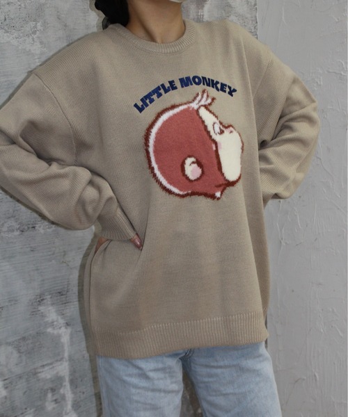 ALWAYS GOOD TIME(オルウェイズグッドタイム)の「【CuriousGeorge/おさるのジョージ】ジャガードクルーネックニット/キャラクターデザインニットプルオーバー(ニット/セーター・レディース・スミクロ/ネイビー/グレイッシュベージュ/アイボリー・MEDIUM/LARGE)」の5枚目の写真
