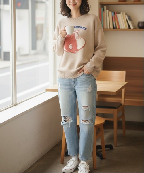 ALWAYS GOOD TIME(オルウェイズグッドタイム)の「【CuriousGeorge/おさるのジョージ】ジャガードクルーネックニット/キャラクターデザインニットプルオーバー(ニット/セーター・レディース・スミクロ/ネイビー/グレイッシュベージュ/アイボリー・MEDIUM/LARGE)」の20枚目の写真