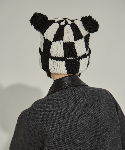BASICKS(ベイシックス)の「【BASICKS/ベーシックス】Checkered Flag Bear Beanie/チェッカーフラッグベアビーニー(ニットキャップ/ビーニー・レディース・ブラック・M/S)」の6枚目の写真
