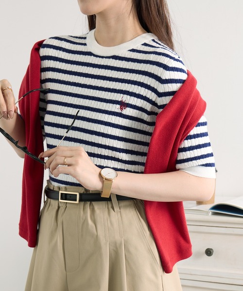 U.S. POLO ASSN.(ユーエスポロアッスン)の「【U.S. POLO ASSN.】ワンポイント刺繍 クルーネックケーブル半袖ニット(ニット/セーター・レディース・ブラック×ホワイト/ピンク/サックスブルー/ホワイト×ネイビー/イエロー/オフホワイト・M/L)」の16枚目の写真