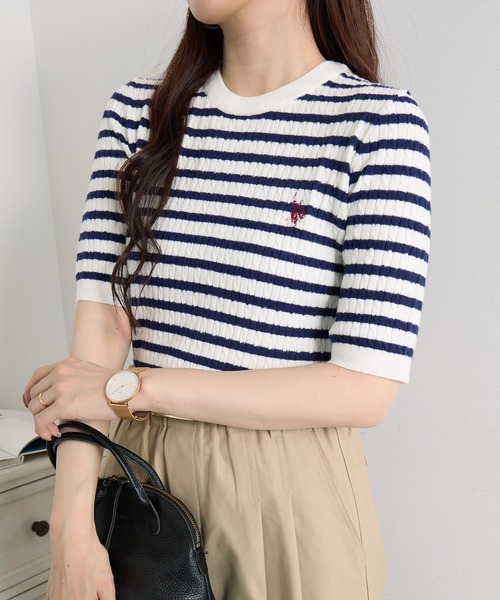 U.S. POLO ASSN.(ユーエスポロアッスン)の「【U.S. POLO ASSN.】ワンポイント刺繍 クルーネックケーブル半袖ニット(ニット/セーター・レディース・ブラック×ホワイト/ピンク/サックスブルー/ホワイト×ネイビー/イエロー/オフホワイト・M/L)」の18枚目の写真