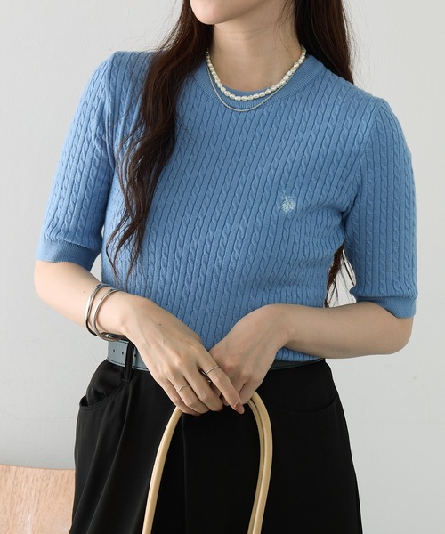U.S. POLO ASSN.(ユーエスポロアッスン)の「【U.S. POLO ASSN.】ワンポイント刺繍 クルーネックケーブル半袖ニット(ニット/セーター・レディース・ブラック×ホワイト/ピンク/サックスブルー/ホワイト×ネイビー/イエロー/オフホワイト・M/L)」の21枚目の写真