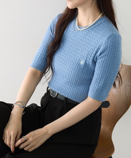 U.S. POLO ASSN.(ユーエスポロアッスン)の「【U.S. POLO ASSN.】ワンポイント刺繍 クルーネックケーブル半袖ニット(ニット/セーター・レディース・ブラック×ホワイト/ピンク/サックスブルー/ホワイト×ネイビー/イエロー/オフホワイト・M/L)」の22枚目の写真
