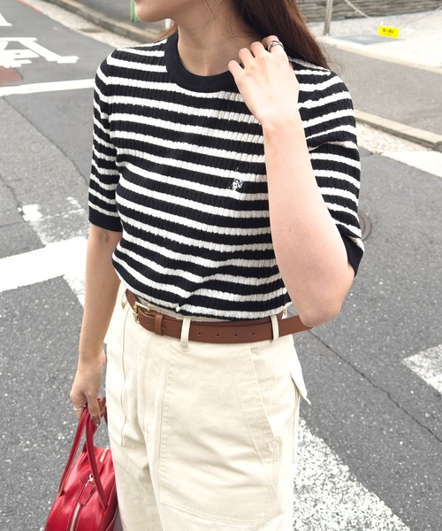 U.S. POLO ASSN.(ユーエスポロアッスン)の「【U.S. POLO ASSN.】ワンポイント刺繍 クルーネックケーブル半袖ニット(ニット/セーター・レディース・ブラック×ホワイト/ピンク/サックスブルー/ホワイト×ネイビー/イエロー/オフホワイト・M/L)」の9枚目の写真