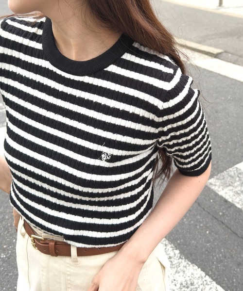 U.S. POLO ASSN.(ユーエスポロアッスン)の「【U.S. POLO ASSN.】ワンポイント刺繍 クルーネックケーブル半袖ニット(ニット/セーター・レディース・ブラック×ホワイト/ピンク/サックスブルー/ホワイト×ネイビー/イエロー/オフホワイト・M/L)」の7枚目の写真