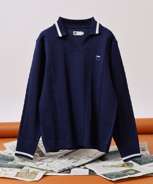 FILA(フィラ)の「FILA L/S KNIT SHIRTS フィラ Vネック 12Gケーブルニット長袖ポロシャツ(ポロシャツ・レディース・ホワイト/ネイビー/ワイン・M/L/XL)」の2枚目の写真