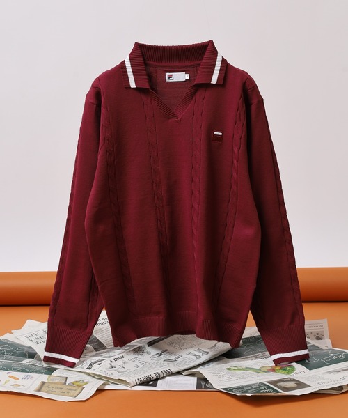 FILA L/S KNIT SHIRTS — вязаная длинная рубашка FILA V‑neck 12G кардиган‑никит, длинный рукав поло