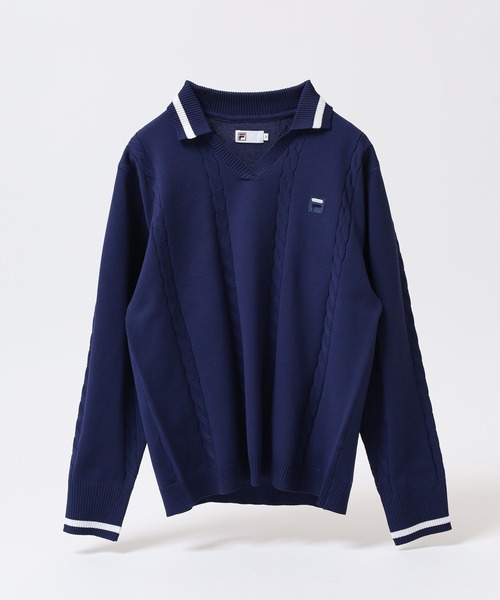 FILA(フィラ)の「FILA L/S KNIT SHIRTS フィラ Vネック 12Gケーブルニット長袖ポロシャツ(ポロシャツ・レディース・ホワイト/ネイビー/ワイン・M/L/XL)」の8枚目の写真