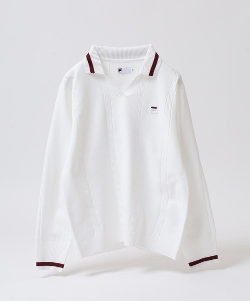 FILA(フィラ)の「FILA L/S KNIT SHIRTS フィラ Vネック 12Gケーブルニット長袖ポロシャツ(ポロシャツ・レディース・ホワイト/ネイビー/ワイン・M/L/XL)」の10枚目の写真