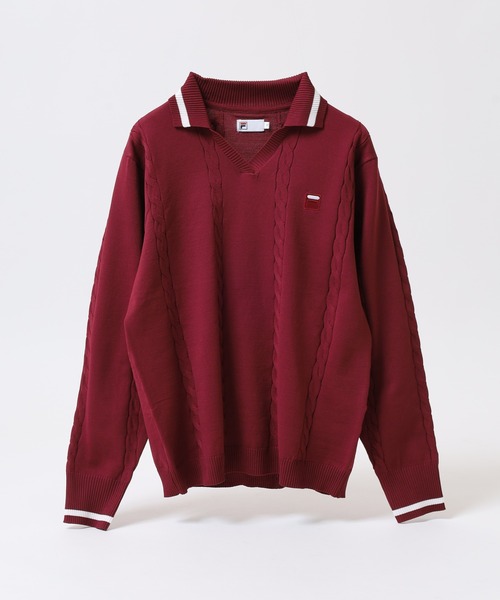 FILA(フィラ)の「FILA L/S KNIT SHIRTS フィラ Vネック 12Gケーブルニット長袖ポロシャツ(ポロシャツ・レディース・ホワイト/ネイビー/ワイン・M/L/XL)」の9枚目の写真