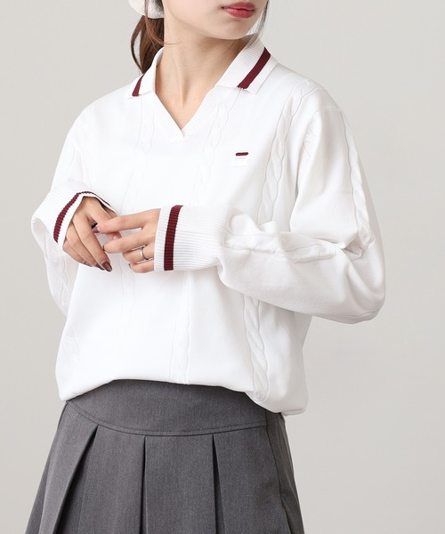 FILA(フィラ)の「FILA L/S KNIT SHIRTS フィラ Vネック 12Gケーブルニット長袖ポロシャツ(ポロシャツ・レディース・ホワイト/ネイビー/ワイン・M/L/XL)」の4枚目の写真