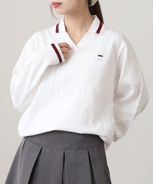 FILA(フィラ)の「FILA L/S KNIT SHIRTS フィラ Vネック 12Gケーブルニット長袖ポロシャツ(ポロシャツ・レディース・ホワイト/ネイビー/ワイン・M/L/XL)」の5枚目の写真