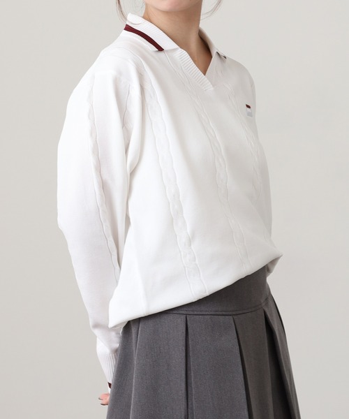 FILA(フィラ)の「FILA L/S KNIT SHIRTS フィラ Vネック 12Gケーブルニット長袖ポロシャツ(ポロシャツ・レディース・ホワイト/ネイビー/ワイン・M/L/XL)」の6枚目の写真