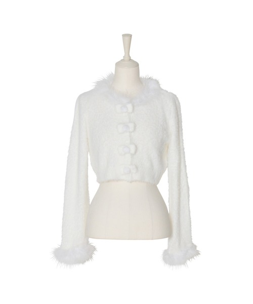 Fluffy pom-pom ribbon knit cardigan