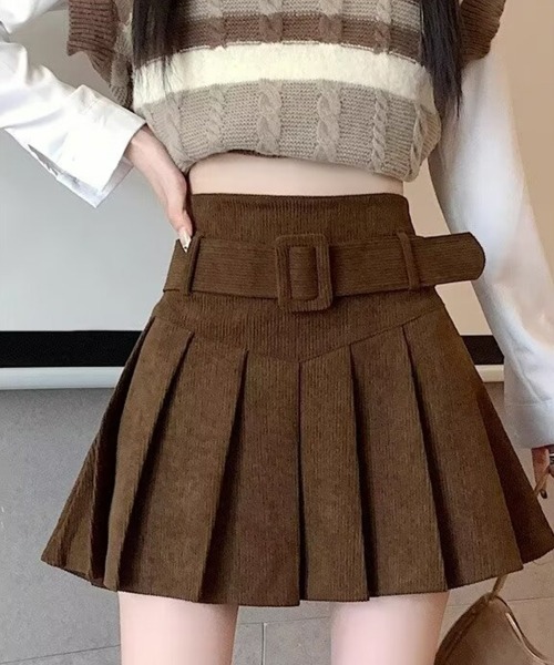 SEU（エスイーユー）の「ベルト付きプリーツミニスカート ハイウエスト韓国 オフィスカジュアル きれいめカジュアル レディース（スカート・レディース・アイボリー/ブラック/ブラウン・M/L）」の2枚目の写真