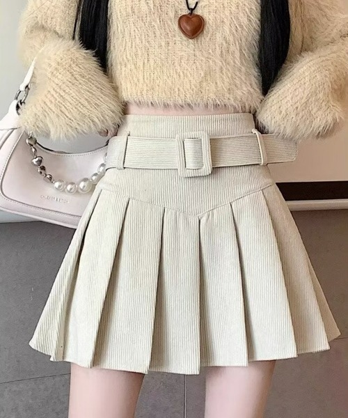 SEU（エスイーユー）の「ベルト付きプリーツミニスカート ハイウエスト韓国 オフィスカジュアル きれいめカジュアル レディース（スカート・レディース・アイボリー/ブラック/ブラウン・M/L）」の3枚目の写真