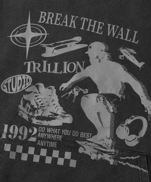 TRILLION(トリリオン)の「スケートボードピグメントグラフィックオーバーフィットフード(CHARCOAL)(パーカー・レディース・その他・SMALL/MEDIUM/LARGE/X-LARGE)」の7枚目の写真