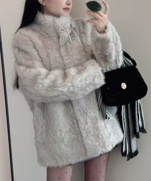 セール】【秋冬新作】リボンピン付きファーコート／ふわもこレディ