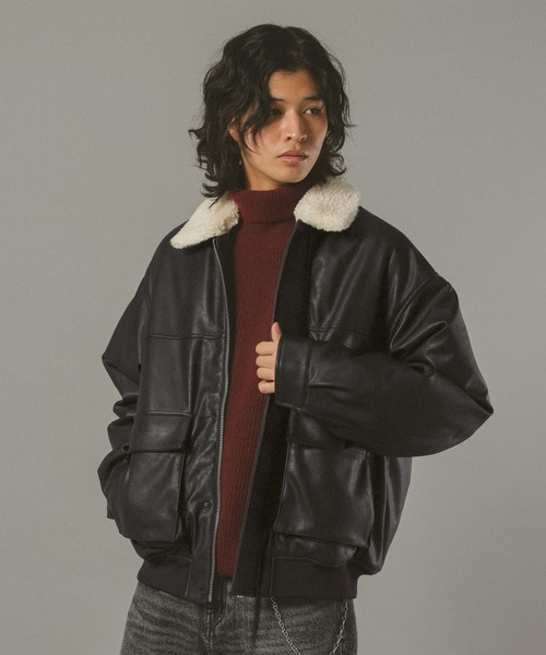 RAGEBLUE（レイジブルー）の「【AIRTHERMAL/エアサーマル】襟ボア/フェイクレザージャケット（ブルゾン・メンズ・ブラック/キャメル/ダークブラウン・MEDIUM/LARGE/SMALL）」の20枚目の写真