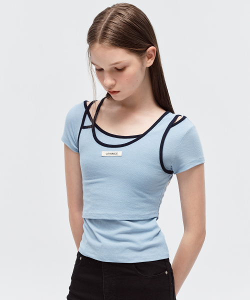 CITYBREEZE(シティブリーズ)の「配色ラインレイヤード半袖Tシャツ_BLUE(Tシャツ/カットソー・レディース・ブルー・SMALL/MEDIUM)」の1枚目の写真