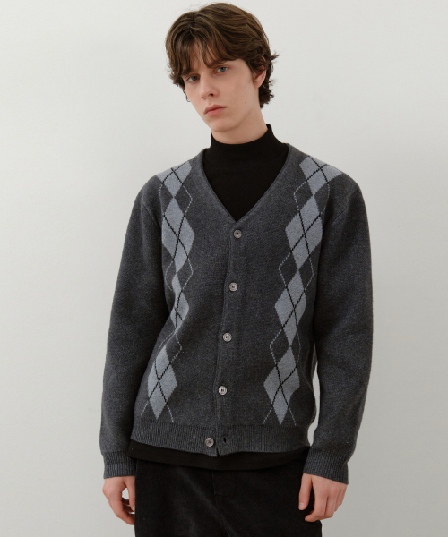Classic Argyle V-neck knit cardigan CHARCOAL (WC25-KN64)