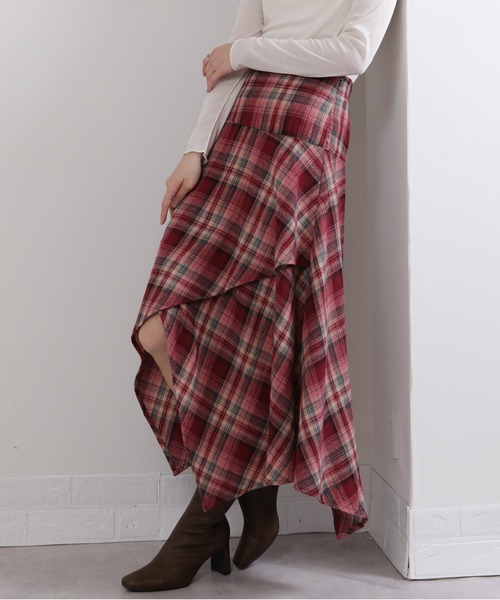 セール】イレギュラーシルエット ネル チェック柄ロングスカート