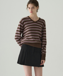 リップルストライプコットンVネックニット[BROWN]