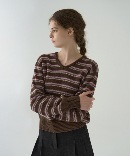 DRAWFIT WOMEN（ドローフィットウーマン）の「リップルストライプコットンVネックニット[BROWN]（ニット/セーター・レディース・その他・MEDIUM/SMALL）」の6枚目の写真