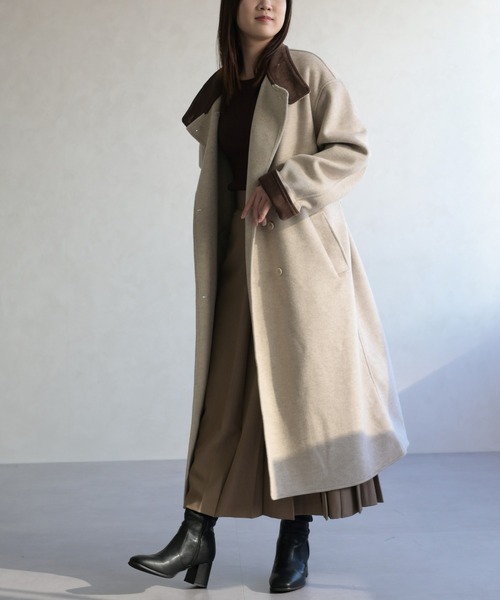 31 Sons de mode(トランテアン ソン ドゥ モード)の「スタンドカラー配色ロングコート(チェスターコート・レディース・グレー/アイボリー・フリ-)」の2枚目の写真
