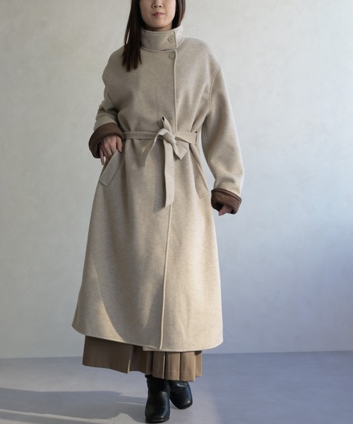 31 Sons de mode(トランテアン ソン ドゥ モード)の「スタンドカラー配色ロングコート(チェスターコート・レディース・グレー/アイボリー・フリ-)」の12枚目の写真