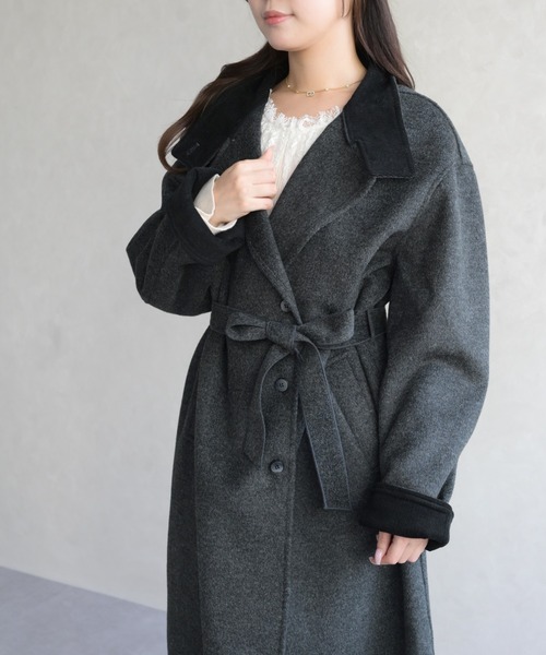 31 Sons de mode(トランテアン ソン ドゥ モード)の「スタンドカラー配色ロングコート(チェスターコート・レディース・グレー/アイボリー・フリ-)」の4枚目の写真