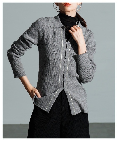 Sawa a la mode（サワアラモード）の「配色ラインリブニットポロカーディガン（カーディガン/ボレロ・レディース・オフホワイト/チャコールグレー・FREE）」の9枚目の写真