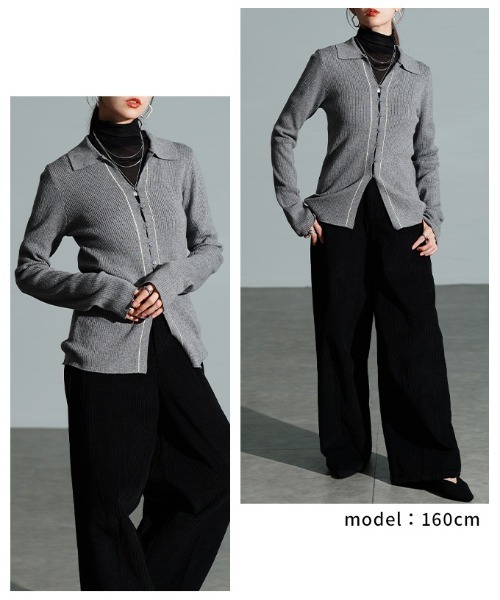 Sawa a la mode（サワアラモード）の「配色ラインリブニットポロカーディガン（カーディガン/ボレロ・レディース・オフホワイト/チャコールグレー・FREE）」の10枚目の写真