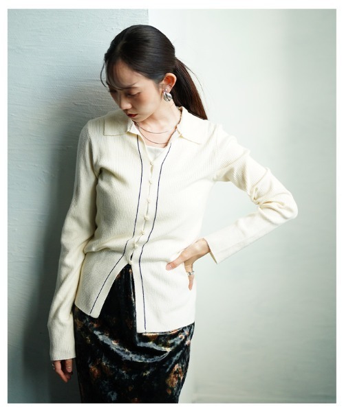 Sawa a la mode（サワアラモード）の「配色ラインリブニットポロカーディガン（カーディガン/ボレロ・レディース・オフホワイト/チャコールグレー・FREE）」の15枚目の写真