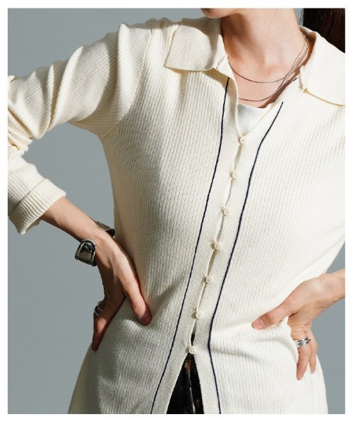 Sawa a la mode（サワアラモード）の「配色ラインリブニットポロカーディガン（カーディガン/ボレロ・レディース・オフホワイト/チャコールグレー・FREE）」の22枚目の写真