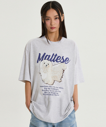 マルチーズイラスト半袖Tシャツメランジホワイト