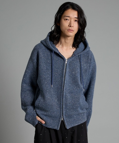 VELNUS(ベルナス)の「【VELNUS】Double-Zip Lame Knit Hoodie /ダブルジップラメニットパーカー【短丈】(パーカー・メンズ・グレー/ブルー・S/L/M)」の2枚目の写真