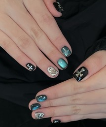 MASHIRO（マシロ）の「クロスモチーフ ブルーマグネットネイル風 ネイルチップ ショート スクエアデザイン 平成ギャル Y2K(MA/EK482)（ネイルシール/ネイルチップ）」