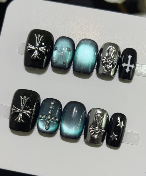 クロスモチーフ ブルーマグネットネイル風 ネイルチップ ショート