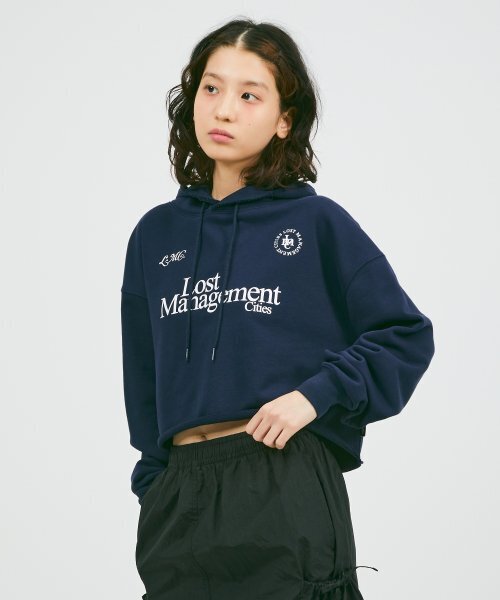 WM Raw Edge Cropped Hoodie — укороченное худи с необработанным краем, navy