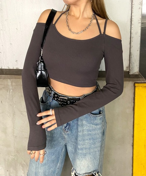 non-hedge(ノンヘッジ)の「リブショート丈オフショルダートップス(Tシャツ/カットソー・レディース・オフホワイト/グレー/チャコールグレー/グレイッシュベージュ/ベージュ/ブラック・FREE)」の4枚目の写真