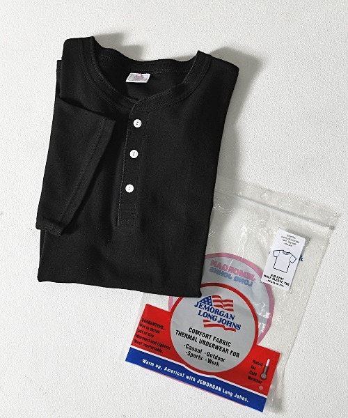 SILVER BULLET(シルバーバレット)の「『JEMORGAN LONG JOHNS/ジェーイーモーガンロングジョーンズ』フライス半袖ヘンリーTシャツ【+】(Tシャツ/カットソー・メンズ・チャコール/ブラック/杢グレー/オフホワイト・L/XL/M)」の1枚目の写真