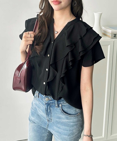 GeeRA（ジーラ）の「ラッフルフリルハーフスリーブブラウス（シャツ/ブラウス・レディース・ブラック/アイボリー・MEDIUM/LARGE/X-LARGE）」の16枚目の写真
