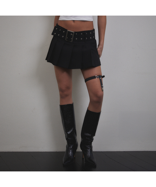 Belt Pleats Mini Skirt (BLACK)