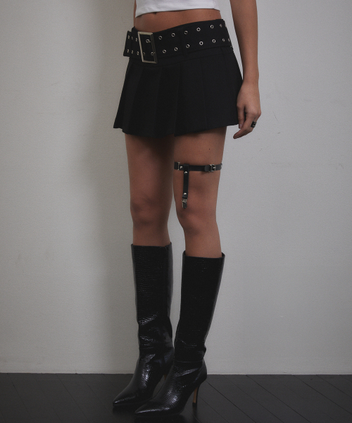 Belt Pleats Mini Skirt (BLACK)