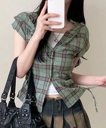 シアーチェック柄サイドシャーリングフードシャツ
